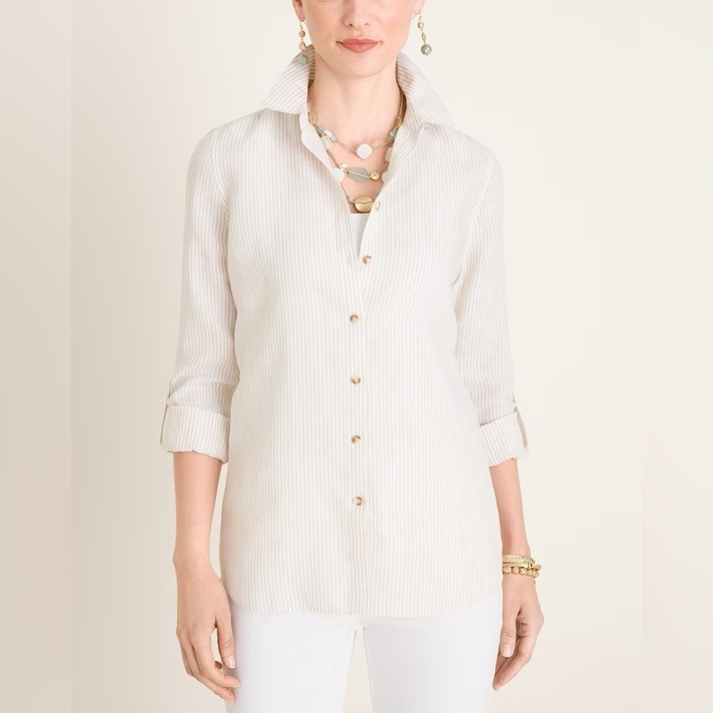 Chico's Roll Tab Linen Stripe Shirt